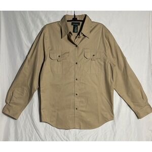 Lauren Ralph Lauren Women S Beige Long Sleeve Button Front Shirt LRL Pockets